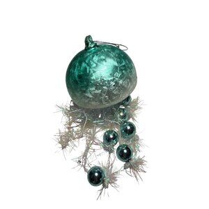 Handcrafted Iridescent Green Glass Ornament With Glitter Accents & Tinsel Detail